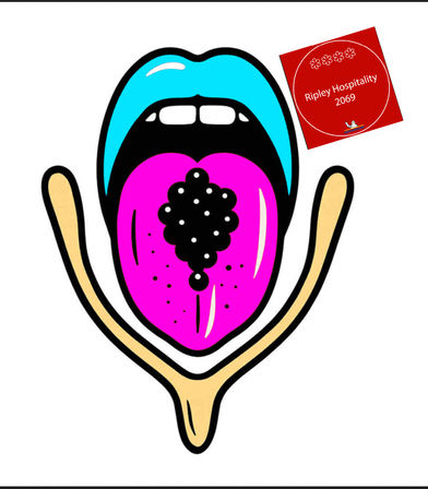 Pop-art vector illustration of an open mouth with turquoise lips and a hot-pink tongue topped by a black, berry-like cluster, framed by a beige slingshot-shaped outline on a white background.