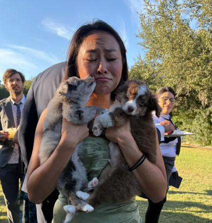 Woman in a green dress holding two fluffy puppies—one nuzzling her cheek, the other staring at the camera—at an outdoor garden party with guests and trees in the background.