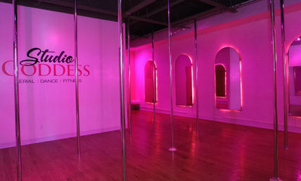 Vibrant pink-lit pole dance studio interior with chrome poles, arched mirrors, LED accent lighting and polished hardwood floor.