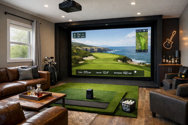 Cozy home golf simulator room with large projection screen showing a seaside golf course, turf hitting mat and tee area, basket of golf balls and clubs, leather sofas, wood coffee table with drinks, and a small bar with neon guitar light.