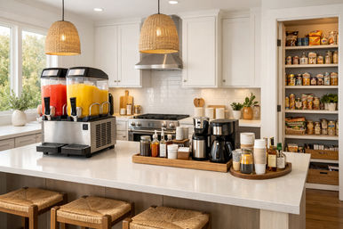 Sunlit modern farmhouse kitchen island with dual slushy dispensers (red and yellow), a coffee bar with stacked cups, wicker pendant lights and an open pantry