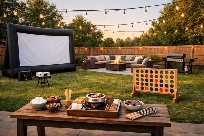 Backyard outdoor movie night at dusk with a large inflatable screen and projector, string lights overhead, cozy outdoor sectional around a fire pit, wooden table with s'mores station and skewers, giant Connect Four game, and a grill on a suburban lawn.