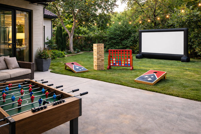 Backyard patio and lush lawn staged for fun with a foosball table on the patio, two cornhole boards, giant Jenga, oversized Connect Four, inflatable outdoor movie screen and string lights.