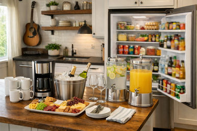 Sunny farmhouse kitchen island with beverage station — two glass dispensers (lemon water and orange juice), ice bucket with wine, coffee maker and stacked mugs, charcuterie platter of cheese, crackers and fruit, and an open well-stocked refrigerator in the background.