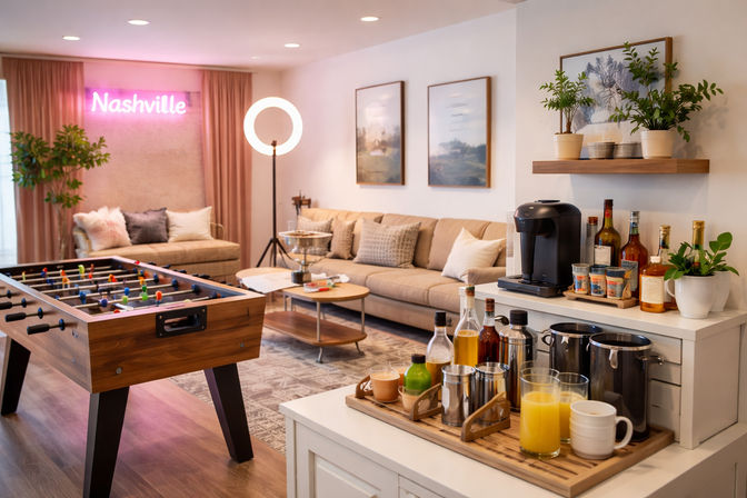 Cozy Nashville lounge with pink neon sign, foosball table, beige sofa and throw pillows, ring light, and a countertop coffee and drink station with juices, bottles, and potted plants.