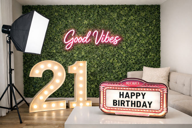 Indoor birthday photo studio backdrop with pink neon "Good Vibes" on a green foliage wall, illuminated marquee '21', softbox lighting, and a 'Happy Birthday' marquee sign on a table.