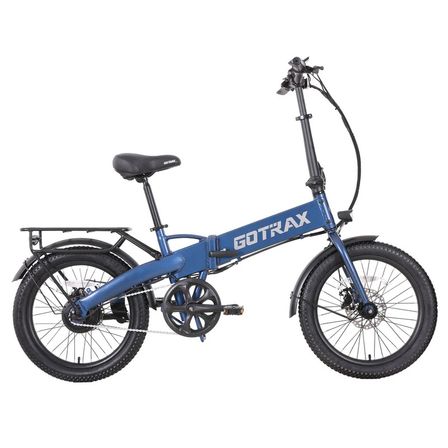 Blue folding electric bike with fat tires, rear cargo rack and disc brakes on white background — compact urban commuter e-bike ready for adventures