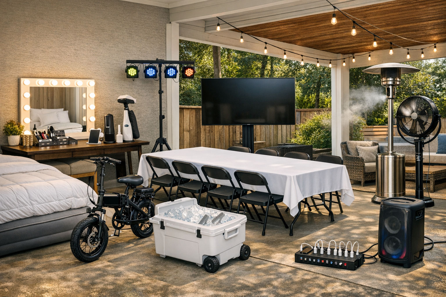 Backyard covered patio set up for a party: long table with white tablecloth and folding chairs, large TV, string lights and stage lights, lighted vanity mirror, wheeled cooler with ice, portable speaker, e-bike, patio heater and fan beside wicker lounge seating and garden greenery.