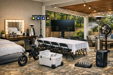 Backyard covered patio set up for a party: long table with white tablecloth and folding chairs, large TV, string lights and stage lights, lighted vanity mirror, wheeled cooler with ice, portable speaker, e-bike, patio heater and fan beside wicker lounge seating and garden greenery.