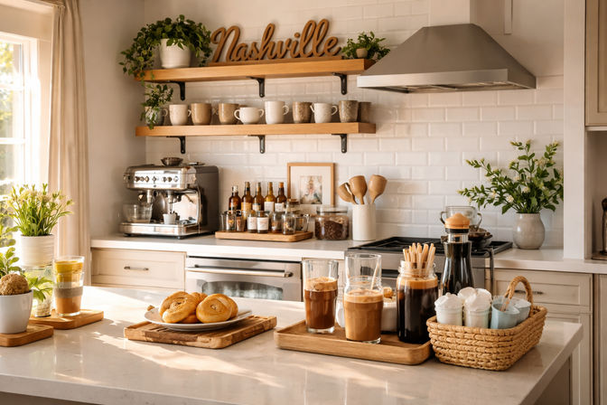 Bright Nashville kitchen coffee bar with espresso machine, iced lattes in glasses, bagels on wooden boards, floating shelves of mugs and potted plants against white subway-tile backsplash.