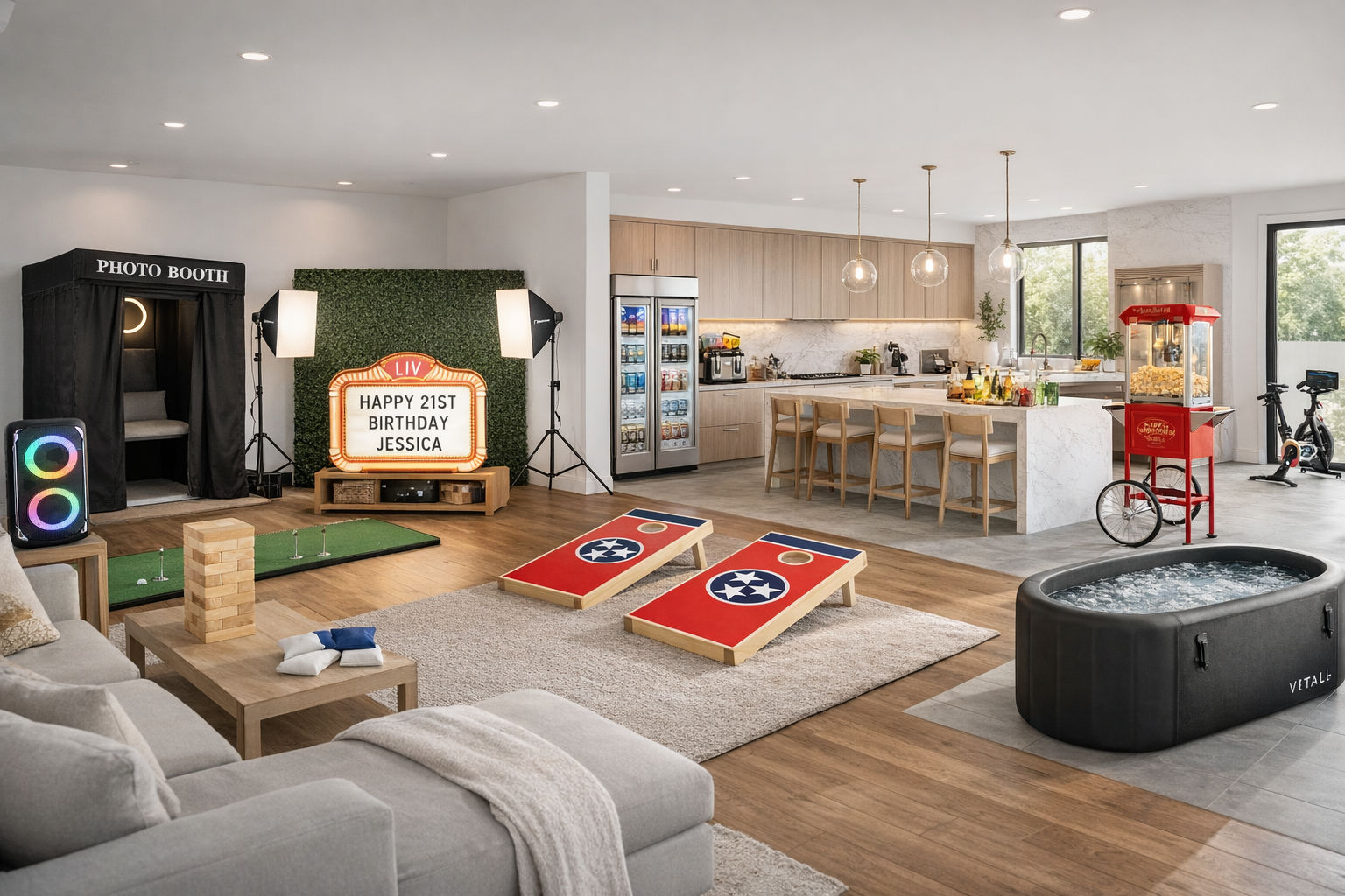 Modern open-concept indoor party lounge with marble kitchen island and barstools, cozy sectional, photo booth and studio lights, illuminated birthday marquee, cornhole boards, oversized Jenga and putting green, vintage popcorn cart, inflatable hot tub and colorful speaker — stylish entertainment space.