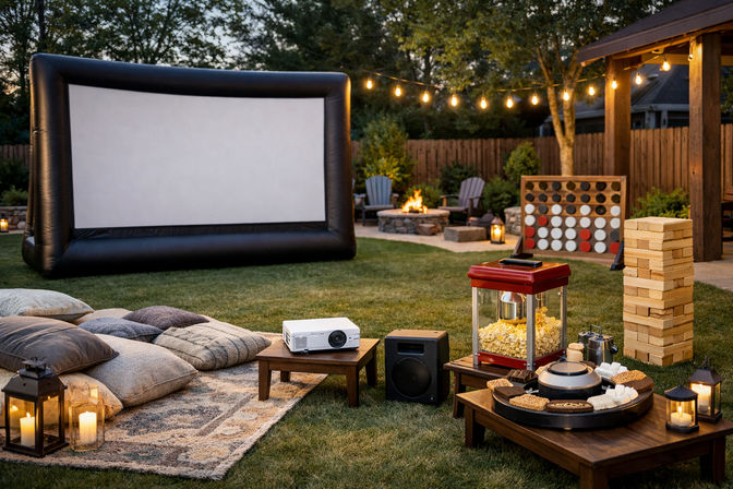 Cozy backyard outdoor movie night at dusk with an inflatable projector screen, projector, popcorn machine, low tables with snacks and candles, floor pillows on a rug, string lights, fire pit, and lawn games (giant Jenga and connect-four).