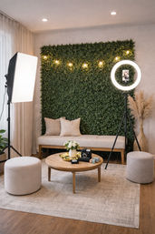 Cozy indoor home photo studio featuring a ring light with smartphone, softbox, and string bulbs in front of a lush green hedge backdrop, beige bench with pillows, round wooden coffee table with camera and decor, neutral boho styling.