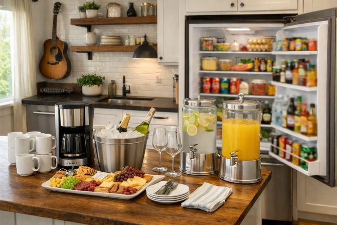 Inviting kitchen island breakfast spread with juice dispensers (orange juice and lemon‑citrus water), ice bucket with chilled wine, coffee maker and mugs, charcuterie platter of cheeses, grapes and crackers, and an open refrigerator in the background.