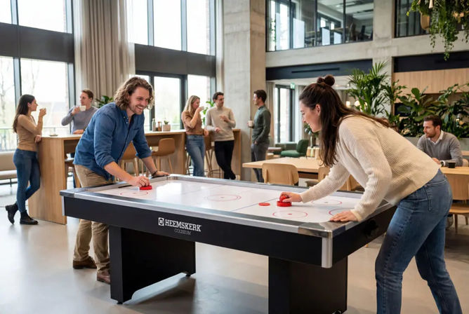 Two coworkers play air hockey in a bright, modern open-plan office lounge, enjoying a casual team break while colleagues chat and sip coffee in the background.