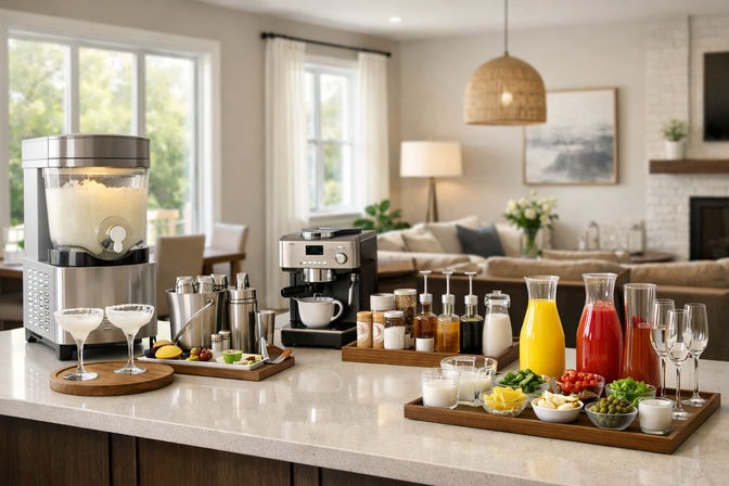 Sunlit home kitchen beverage station with frozen-drink dispenser and margarita glasses, espresso machine, juice carafes, garnishes and glassware on a countertop in an open-plan living room.