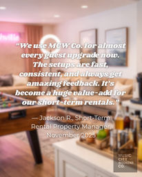 Cozy Nashville short-term rental living room with foosball table, ring light and bar cart, overlaid by a bold testimonial praising fast, consistent guest upgrades from a short-term rental manager (November 2025).