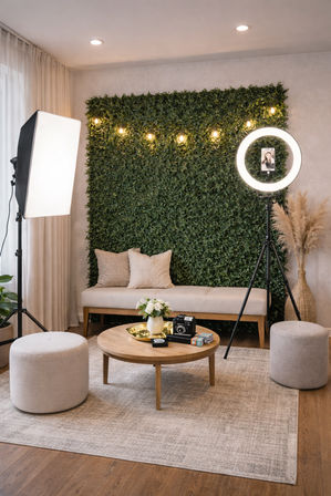 Cozy living-room content studio: lush green foliage backdrop with string lights, ring light and softbox, wooden coffee table with camera, neutral bench and poufs, pampas grass on a light rug.
