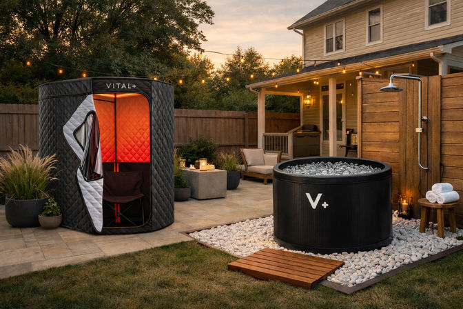 Residential backyard patio at dusk with string lights, a glowing portable sauna tent, a round cold-plunge tub filled with ice on a pebble pad beside an outdoor shower, and cozy patio seating for a home spa setup.