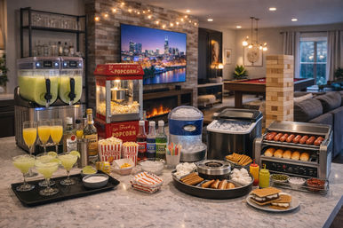 Home game-night snack bar on a kitchen island with a popcorn machine, green slush dispensers, margarita glasses, ice and shaved-ice makers, hot-dog roller with buns, s'mores fixings and condiments in a cozy modern living room with TV, fireplace and pool table.