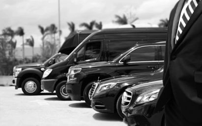 Sleek black luxury cars and passenger vans lined up outdoors with palm trees in the background and a suited chauffeur cropped at the right — luxury transport fleet.