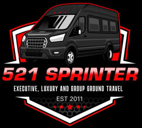 Bold logo of a black Sprinter-style luxury shuttle van inside a red-and-white shield, with large red headline text, a tagline reading “Executive, luxury and group ground travel,” five red stars and “Est 2011,” evoking premium group ground transportation.