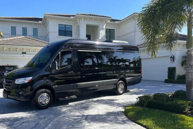 Sleek black high-roof passenger van parked in the patterned driveway of a large white two-story luxury home with palm trees under a bright blue sky.