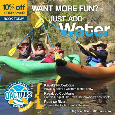 Four kayakers in colorful life jackets raising paddles while floating on a calm desert river with brushy banks — cheerful outdoor water-adventure promo.