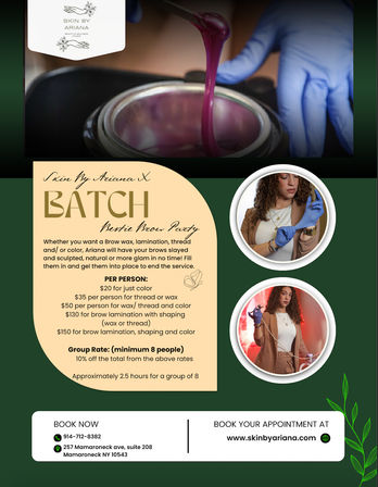 Promotional flyer for a brow beauty event: close-up of pink-purple wax being lifted from a pot with gloved hands, two circular photos of a gloved technician preparing tools, beige panel listing per-person and group pricing for brow services, and a green booking/contact area.