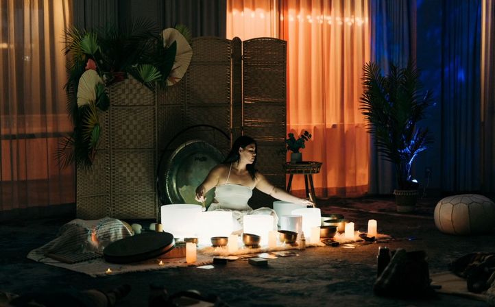 Person leading a sound bath, sitting among glowing crystal singing bowls, candles, brass bowls and a gong in a dim indoor meditation space with warm orange and blue curtain lighting and potted plants.