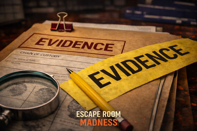 Close-up of a crime-scene evidence folder stamped "EVIDENCE" with a chain-of-custody form, yellow evidence tape, fingerprint sheets under a magnifying glass, and a pencil on a detective's desk.
