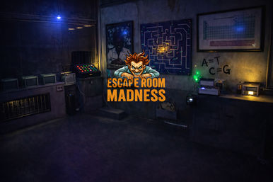 Moody industrial-style escape room with a glowing control panel, wall maze puzzle, framed periodic table, coded wall markings (A=T C=G), and scattered electronic props for hands-on puzzle solving.