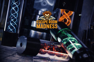 Close-up of a sci‑fi escape room scene with glowing spiral tubes, neon green and orange vials, and a mischievous cartoon mask logo against a dark industrial backdrop.