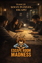 Promotional escape room image of three teammates using a flashlight to study puzzle sheets on a table in a dim, vintage-style room — group puzzle, team-building indoor adventure with a mischievous caricature logo at the bottom.