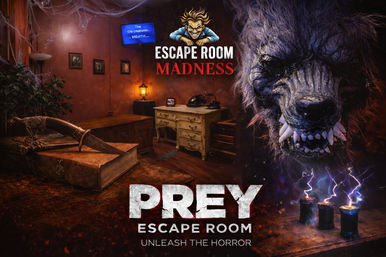 Haunted escape room scene: dim vintage study with cobwebs, a dagger on an aged book, an antique desk and lamp, sparking electrical canisters, and a snarling werewolf looming at the right — horror-themed promotional image.