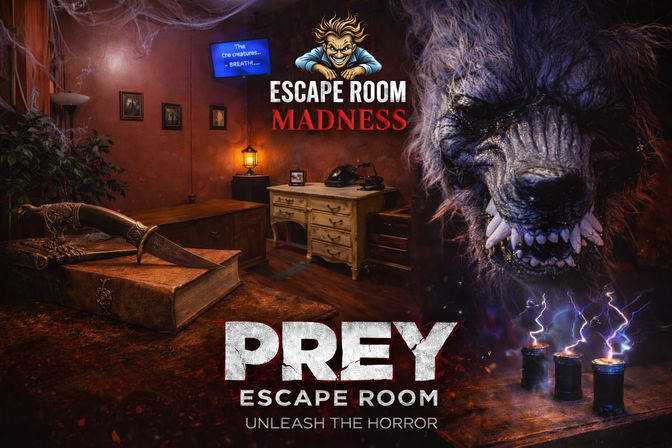 Haunted escape room scene: dim vintage study with cobwebs, a dagger on an aged book, an antique desk and lamp, sparking electrical canisters, and a snarling werewolf looming at the right — horror-themed promotional image.