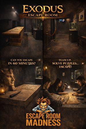 Egyptian-themed escape room interior with artifact displays and puzzle table; three people teaming up with a flashlight to solve puzzles in a 60-minute escape room challenge