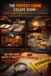 Crime-themed escape room poster showing a wood-paneled detective office: a desk with camera, magnifying glass, case file and evidence envelopes, plus a photo-and-map corkboard linked with red string.