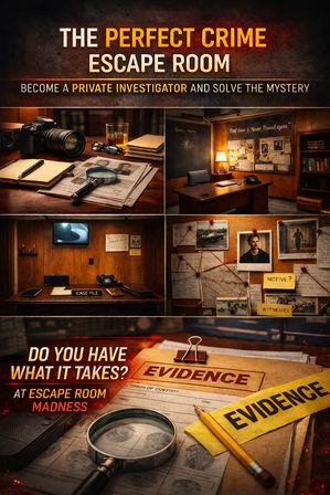 Crime-themed escape room poster showing a wood-paneled detective office: a desk with camera, magnifying glass, case file and evidence envelopes, plus a photo-and-map corkboard linked with red string.