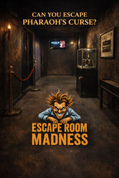 Moody, dimly lit Egyptian‑themed escape room hallway with torch sconce, velvet rope stanchions, glass display case holding a pharaoh statue, and a bold poster asking “Can you escape Pharaoh’s curse?” above a grinning cartoon character promoting an escape room experience.