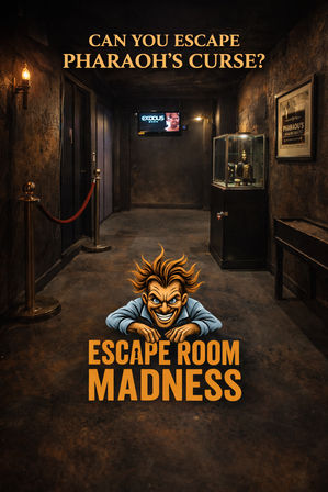 Moody, dimly lit Egyptian‑themed escape room hallway with torch sconce, velvet rope stanchions, glass display case holding a pharaoh statue, and a bold poster asking “Can you escape Pharaoh’s curse?” above a grinning cartoon character promoting an escape room experience.