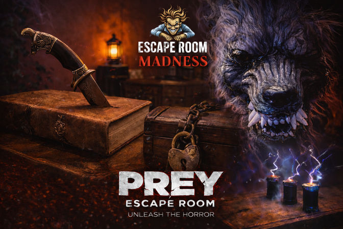 Horror escape room scene: ornate dagger plunged into a leather-bound book, chained locked chest with padlock, snarling werewolf face and blue-sparking candles under a dim lantern glow.