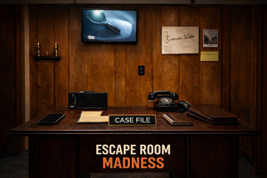 Mystery-themed escape room detective desk with a 'CASE FILE' sign, vintage rotary phone, folders, radio and smartphone on a wood-paneled table, with a magnifying-glass image on a wall monitor