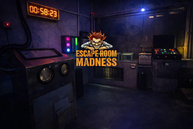 Dimly lit industrial escape room control chamber with a glowing countdown timer, colorful control panels, metal machinery and concrete walls, tense puzzle atmosphere.