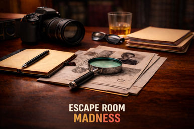 Detective-style escape room scene on a wooden table: magnifying glass on case files, camera, notebook and pen, sunglasses, whiskey glass and stacked folders, with the words “Escape Room Madness.”
