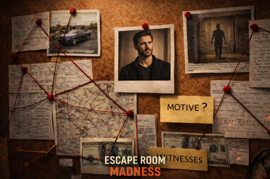 Escape room evidence corkboard with pinned suspect portrait, car photo, map, cash and documents connected by red string, yellow "MOTIVE?" note and "Escape Room Madness" title