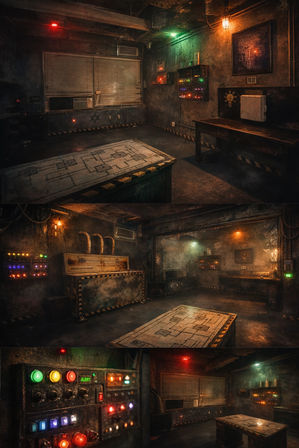 Moody underground industrial room with vintage control panels and colored indicator lights, a central table topped with a floorplan blueprint, exposed pipes, concrete walls and caution-striped edges — abandoned bunker/escape-room vibe.
