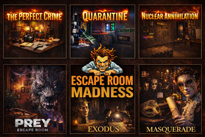 Cinematic collage poster of six themed escape room adventures: 'The Perfect Crime' detective desk, 'Quarantine' lab, 'Nuclear Annihilation' control room, 'Prey' snarling wolf, central 'Escape Room Madness: Exodus' puzzle table, and 'Masquerade' masked reveler.