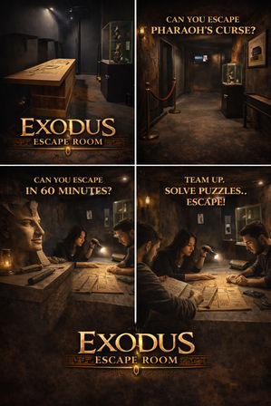 Dimly lit Egyptian-themed escape room scene with a Pharaoh statue, display cases and roped hallway, a three-person team using flashlights to solve hieroglyph puzzle boards in a 60-minute timed challenge.