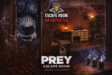 Horror escape room poster: snarling werewolf peeks through a cracked wooden door into a dim vintage study with a chained trunk, glowing lantern on a desk, and sparking blue candles.